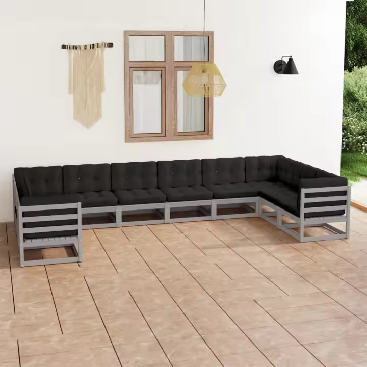 vidaXL Set de muebles de jardín 10 pzas con cojines madera pino gris - 1