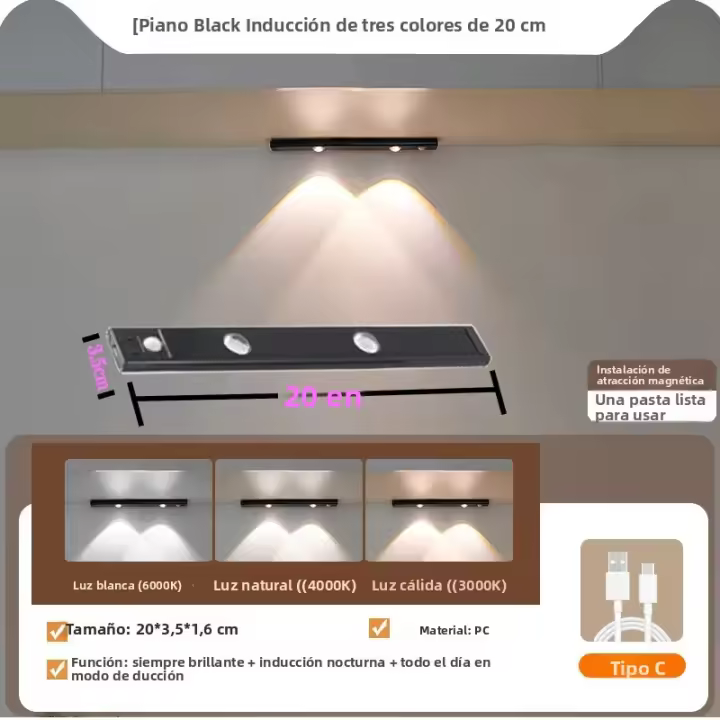 Lámpara LED Para Armario Cocina Con Sensor De Movimiento Recargable USB Iluminación De Noche Para Armario Escalera Luz De Fondo - 1