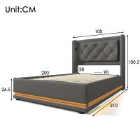 Cama tapizada Cama individual 90*200 cm, Cama de almacenamiento hidráulico en Algodón gris, Cabeza USB Typo-C tapizada con función de Carga, función LED en 3 lados (colchón no incluido) - details 6