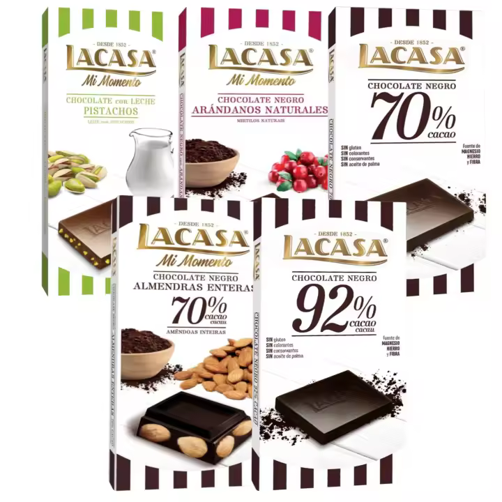 Pack Lacasa 5 deliciosas tabletas de chocolate de distintos sabores y tamaños: arandanos ,leche pistacho 90g ,negro ,cacao 92% , almendra 200g - 1