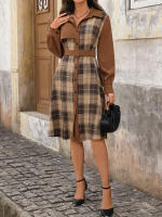 Vestido Elegante Para Mujer De Verano Con Patrón De Cuadros Y Bloque De Color Estilo Europeo Y Americano Para El Trabajo - details 5