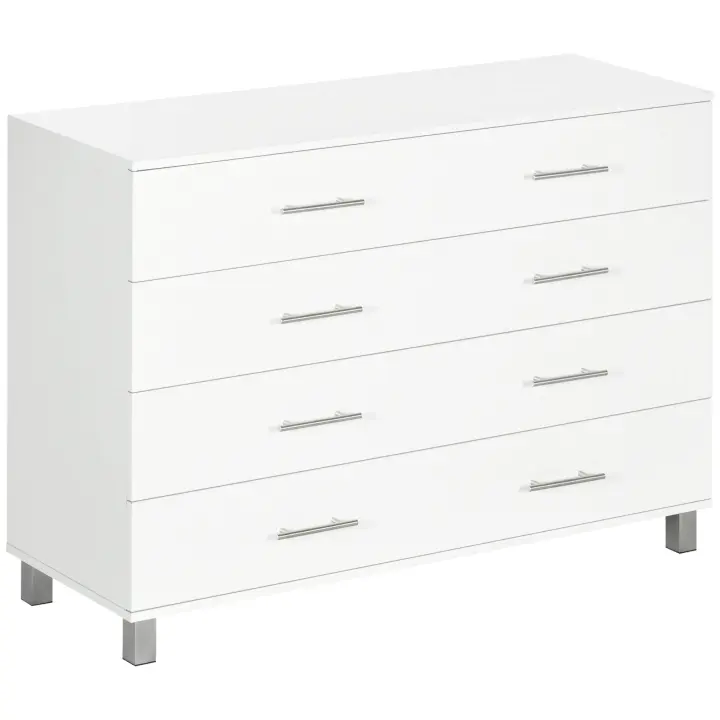 HOMCOM Cómoda con 4 Cajones Cómoda de Dormitorio de Madera con Patas Cómoda de Noche Moderno para Salón Oficina Entrada 112x38,2x81 cm Blanco - 1