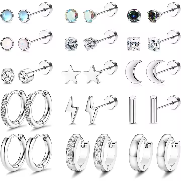 5Pares Pendientes Cartilago Oreja Para Mujer Hombre Plata Oro Negro, 20G Maple Quirurgico Pendientes Hipoalergénicos CZ Huggie Pendientes Aros Pequeños, Tragus Oreja Piercing Joyería - 1