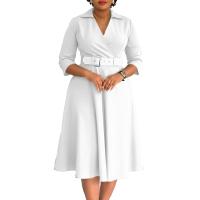 Vestido Elegante Para Oficina Para Mujer Cuello Redondo V Cintura Ajustada Pleated Midi Formal Business Work Dress OL - details 46