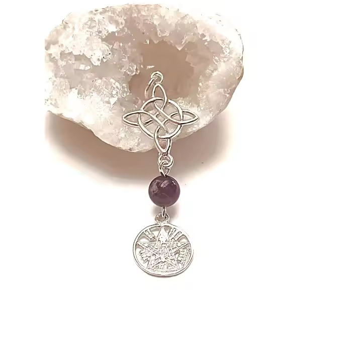 colgante amuleto doble protección nudo de bruja y tetragrámaton con amatista, plata de ley.-40ycuatrojoyeria - 1