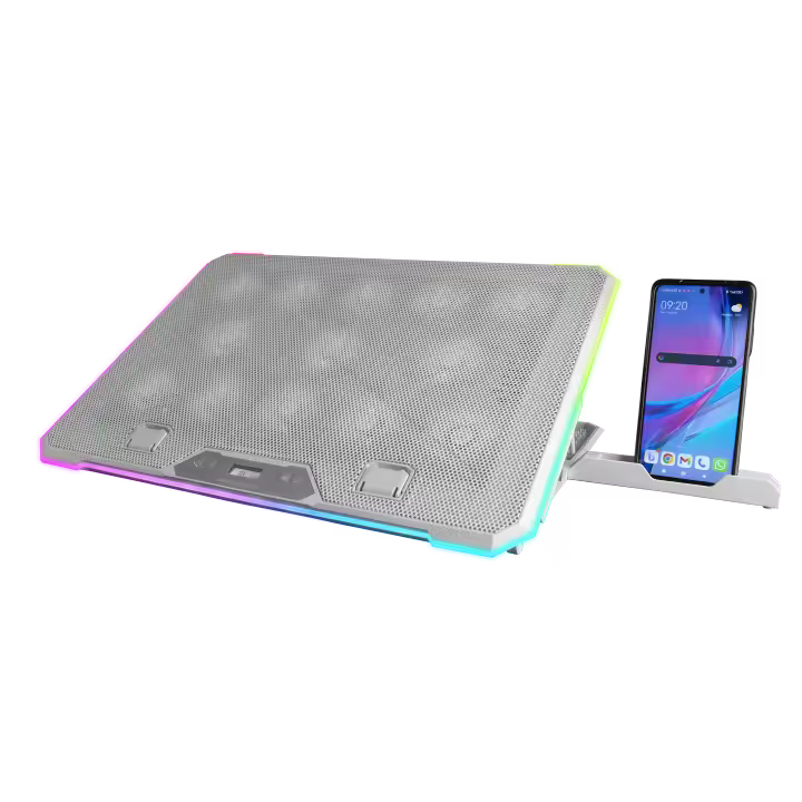 Mars Gaming MNBC13, Base Refrigeradora y Stand para Portátiles Hasta 17”, Iluminación ARGB 10 Modos, 13x Ventiladores con LED Blanco, Regulable 8 Posiciones, Pantalla LCD, Soporte Smartphone, Soporte Portátil Negro o Blanco - 1