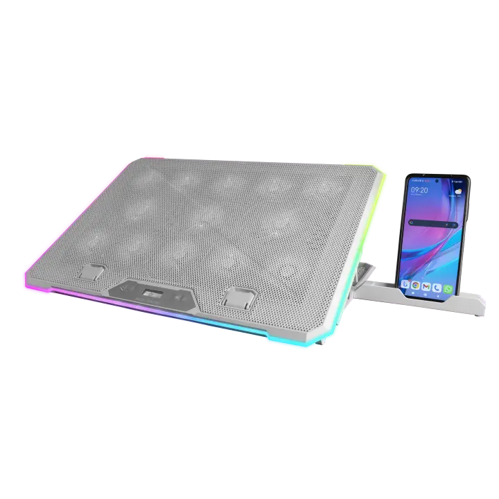 Mars Gaming MNBC13, Base Refrigeradora y Stand para Portátiles Hasta 17”, Iluminación ARGB 10 Modos, 13x Ventiladores con LED Blanco, Regulable 8 Posiciones, Pantalla LCD, Soporte Smartphone, Soporte Portátil Negro o Blanco - 1