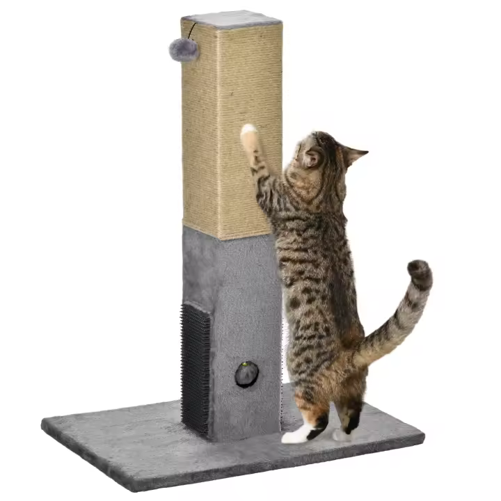 PawHut Poste Rascador para Gatos 79 cm Rascador para Gatos Arañador para Gatos con Bola Colgante Cascabel y Poste de Yute 59,5x39x79 cm Gris - 1