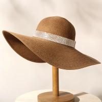 Sombrero De Sol Para Mujer Y Hombre Color Sólido De Moda Con Rhinestone 14cm Grande Paja Resistente Al Sol Plegable Para Playa Y Viajes - details 21