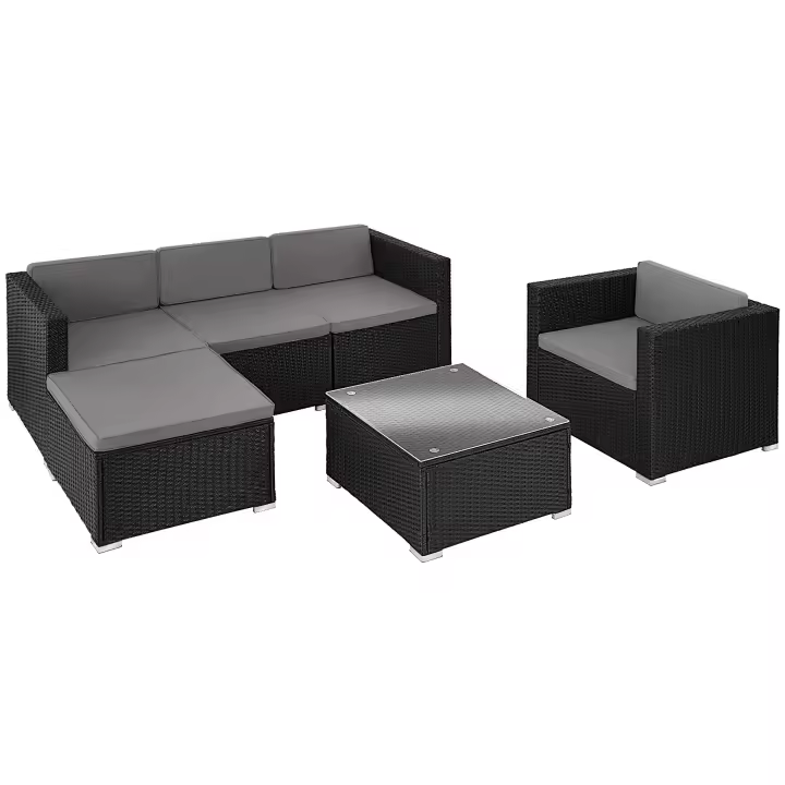 Tectake - Conjunto de ratán LIGNANO con sillón, Conjunto de ratán de seis piezas, Fino trenzado de ratán sintético con protección UVA, Sólida estructura de acero con revestimiento en polvo - 1