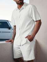 Conjunto De Camiseta Y Shorts Para Hombre Estilo Casual Textura Sólida Colorido Moda Verano Cierre De Botón Pantalones Cortos - details 2