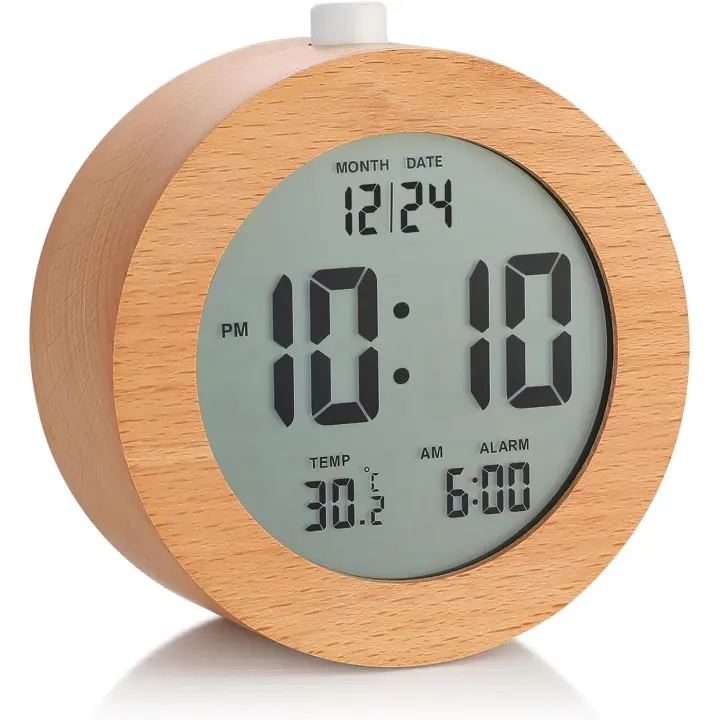 Reloj despertador digital de Madera para dormitorios, Reloj despertador de Madera de 4 pulgadas con Pilas con función de Repetición y Luz Nocturna, Reloj de escretorio electrónico LCD - 1