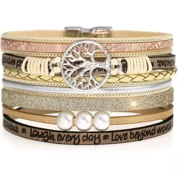 Pulsera de mujer con múltiples capas de cuero trenzado, brazalete con hebilla magnética - 1