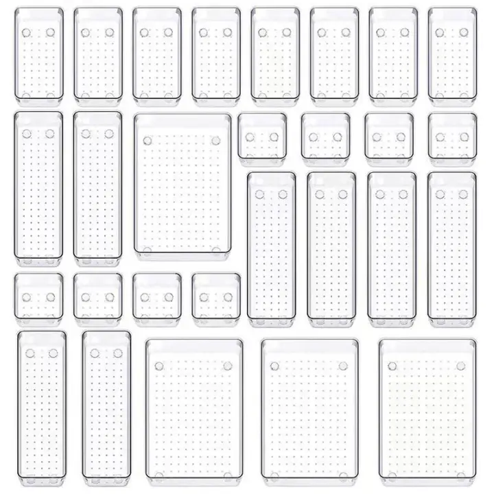 Juego De 28 Piezas Organizadores De Cajones Transparentes 4 Tamaños Diferentes Para Baño Y Vestíbulo Almacenamiento Duradero Y Antideslizante Para Cocina Y Dormitorio - 1