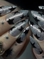 24PCS Uñas Postizas RTAUG Estilo Stiletto Con Largos Bowknot Negro Y Plateado Dissimétricas Cubiertas De Polvo Conjunto De Uñas Falsas Para Fiesta Y Verano - details 10