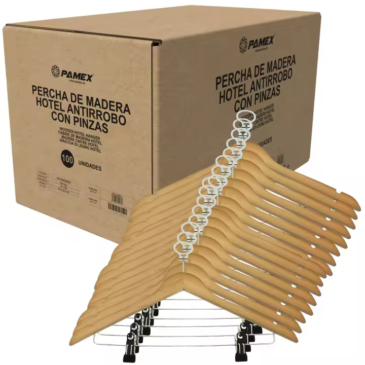 PAMEX - 100 Perchas de Madera Anti Robo Especial  Hoteles Restaurantes Vestuarios Gimnasios con Pinzas Pantalon Faldas. Se Incluye Aro Antirobo - 1