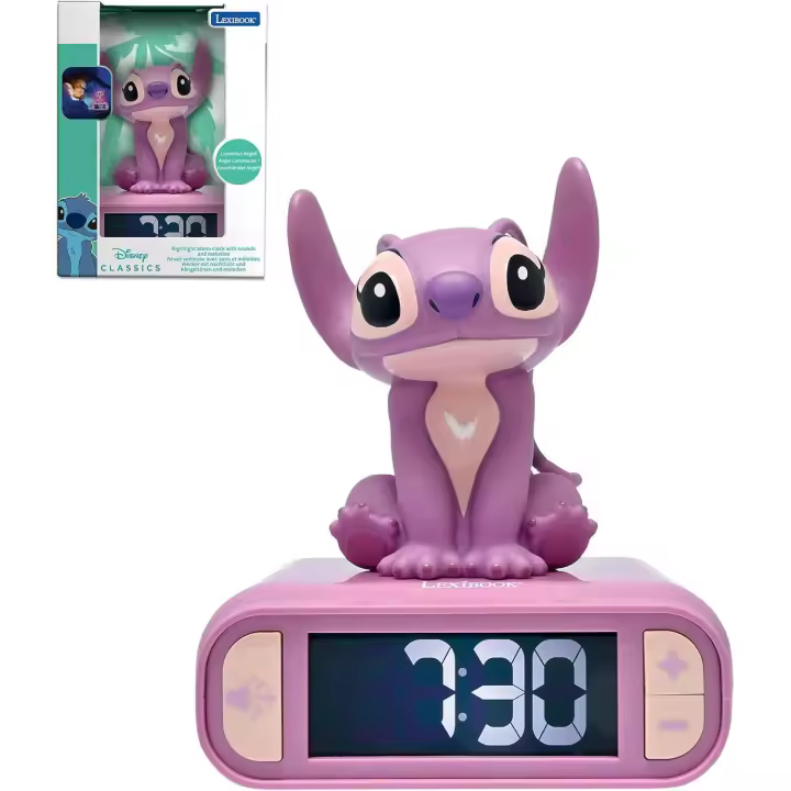 LEXIBOOK - Disney Stitch, Despertador Luminoso Angel - Tonos y melodías, Pantalla LCD retroiluminada, Luminoso, función de repetición, Rosa - 1