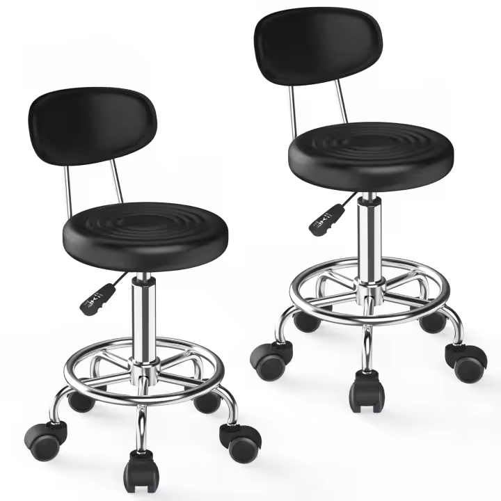 Aqrau Juego de 2 taburetes giratorios, taburetes de peluquería con respaldo, taburete con ruedas, giratorio 360°, regulable en altura, color negro - 1