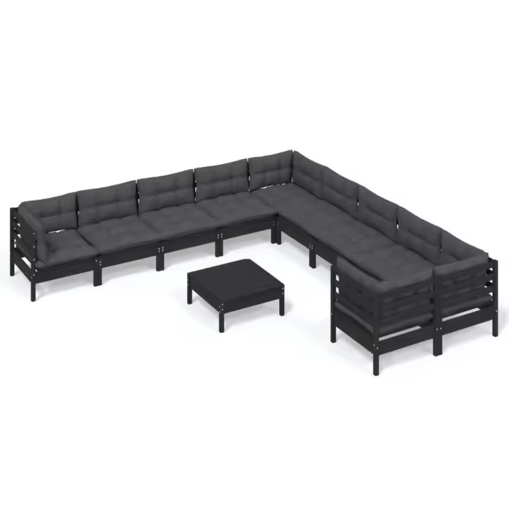 vidaXL Muebles de jardín 11 pzas y cojines negro madera de pino - 1