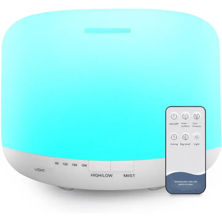 500ml difusor de Aites Esenciales, sin BPA humidificador ultrasónico con Mando a Distancia Y 7 Diferentes Lus cambiantes - Apagado Automático sin Agua,Blanco - 1