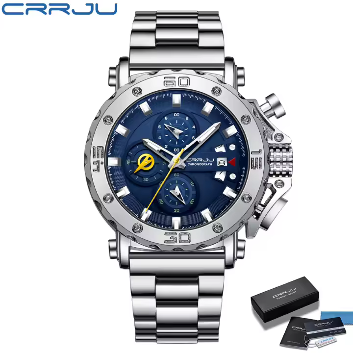Reloj De Pulsera De Lujo Para Hombres CRRJU Grande Dial En Acero Inoxidable Impermeable Cronógrafo Con Fecha Relogio Masculino - 1