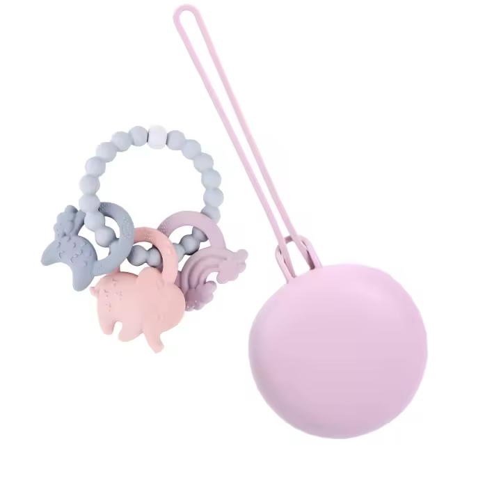 Mordedor Bebé CALU, Pack Mordedor de Pulsera más Estuche de Viaje, Mordedor Refrigerante de Silicona, Juguete Alivio de las Encías del Bebé y Portachupetes, Rasca Encías de Goma Suave, Colores Claros, Mordedor para Niños sin BPA con Bolsa. - 1