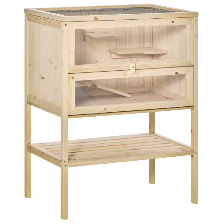 PawHut Jaula de Madera para Hámster Ratones Casa de Juegos con 5 Plataformas Rampa Techo Abatible Ventana Cristal Plástico y Estante Inferior 60x40x80 cm Natural - 1