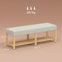 HOMCOM Banco Zapatero, Banco Recibidor Moderno, con Asiento Acolchado para 2 Personas, Estante Abierto, Marco de Madera, para Entrada, Pasillo, Salón, 140x44x48 cm, Crema y Madera Natural - details 2