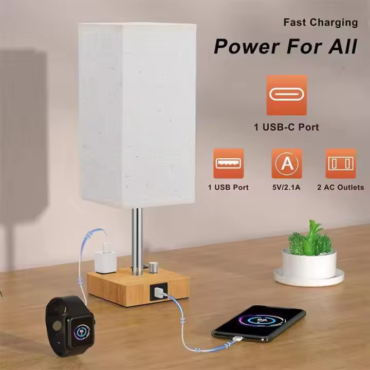 Lámpara de mesa con Atención continua y perilla con Puerto de Carga, equipada para dormitorio, Sala de estar, lámpara de Noche, Pantalla de Tela With BASE DE Veta de Madera with bombilla - 1
