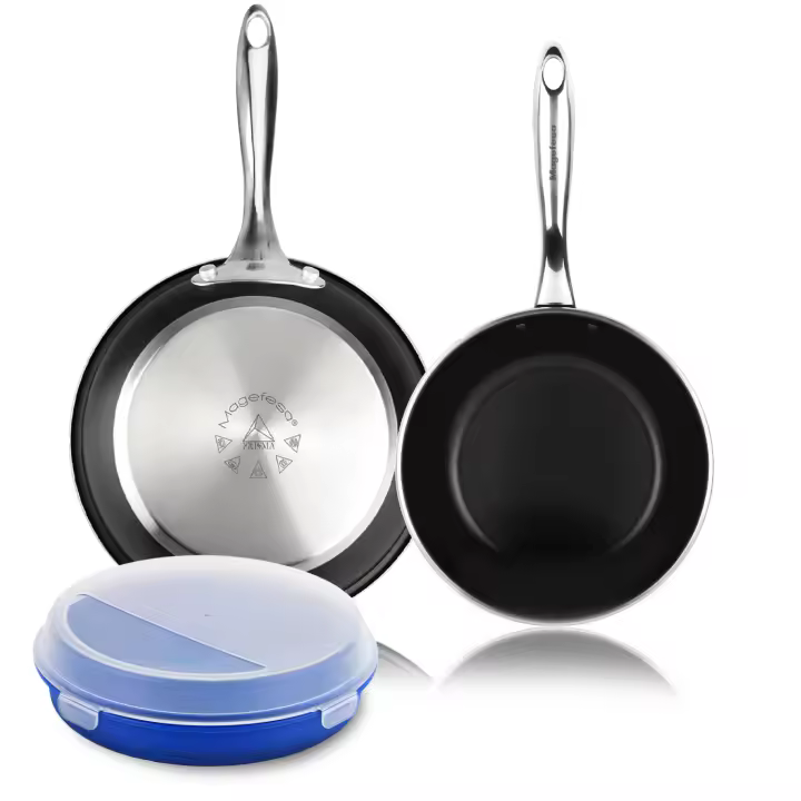 Magefesa Prisma - Juego de Sartenes 24 + 28 cm + Taper 24.5cm, Acero Inoxidable 18/10, Antiadherente Tricapa, Todas las Cocinas, Inducción y Horno - 1