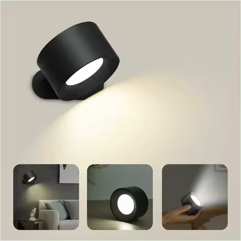Aplique de pared LED táctil con puerto de carga USB, control táctil, 3 niveles de brillo, 3 temperaturas, luces para dormitorio giratorias 360°, paquete de 1 (negro) - 1