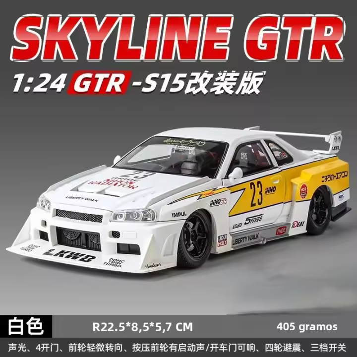 Coche De Carreras Nissan Skyline GTR-R34 S15 De 1:24 En Metal Con Luz Y Sonido Modelo Para Niños Regalo De Juguetes C354 - 1