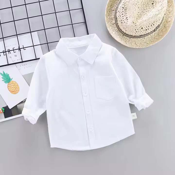 Camisas blancas puras para niños y niñas, ropa infantil de manga larga, estilo algodón neutro, talla informal, adecuada para niños - 1