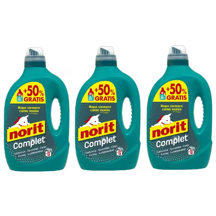 Norit Complet - Detergente Líquido 2650ml 35+18 lavados (Pack 3 uds) - Para todo tipo de tejidos, colores y prendas, Máxima limpieza y luminosidad, incluso en agua fría, Mantiene la forma y protege los colores, Prendas suaves y agradablemente perfumadas - 1