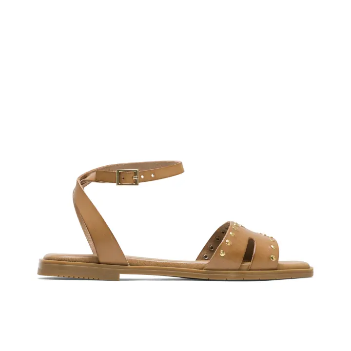 PORRONET SANDALIA PLANA DE PIEL CON TACHUELAS TAUPE VIKA  - SANDALIAS PLANAS VIKA CON PALA EN H DECORADA CON TACHUELAS EN COLOR TAUPE - CIERRE DE PULSERA AL TOBILLO CON HEBILLA - ELABORADAS EN PIEL - - 1