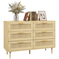 HOMCOM Cómoda 6 Cajones con Frontal de Ratán, Cómoda Dormitorio con Patas de Madera, Cajonera para Salón, Oficina, Estilo Bohemio, 110x40x75 cm, Roble - details 0