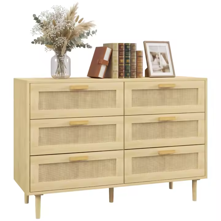 HOMCOM Cómoda 6 Cajones con Frontal de Ratán, Cómoda Dormitorio con Patas de Madera, Cajonera para Salón, Oficina, Estilo Bohemio, 110x40x75 cm, Roble - 1