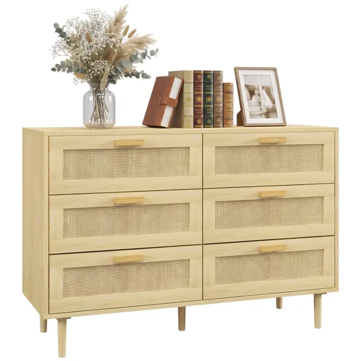 HOMCOM Cómoda 6 Cajones con Frontal de Ratán, Cómoda Dormitorio con Patas de Madera, Cajonera para Salón, Oficina, Estilo Bohemio, 110x40x75 cm, Roble - 1