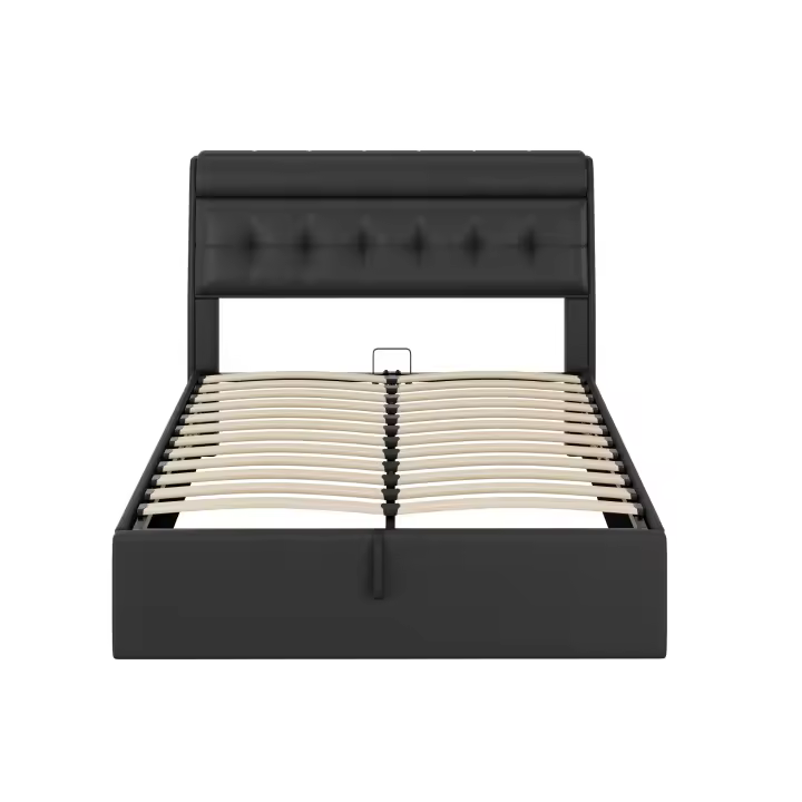 Cama tapizada, 140x190, Cama hidráulica, Cabecero Oculto, Armaro de Cama, PU, Con somier y cabeza de lámparas, sin colchón, Negro - 1