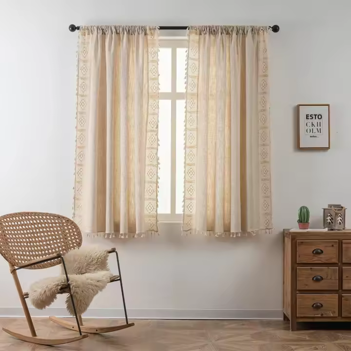 Cortina Bohemia Pastoral Estilo Con Tianzi Malla Hueca Para Hogar Fiesta Dormitorio Hecha De Lino Transparente Parcialmente - 1