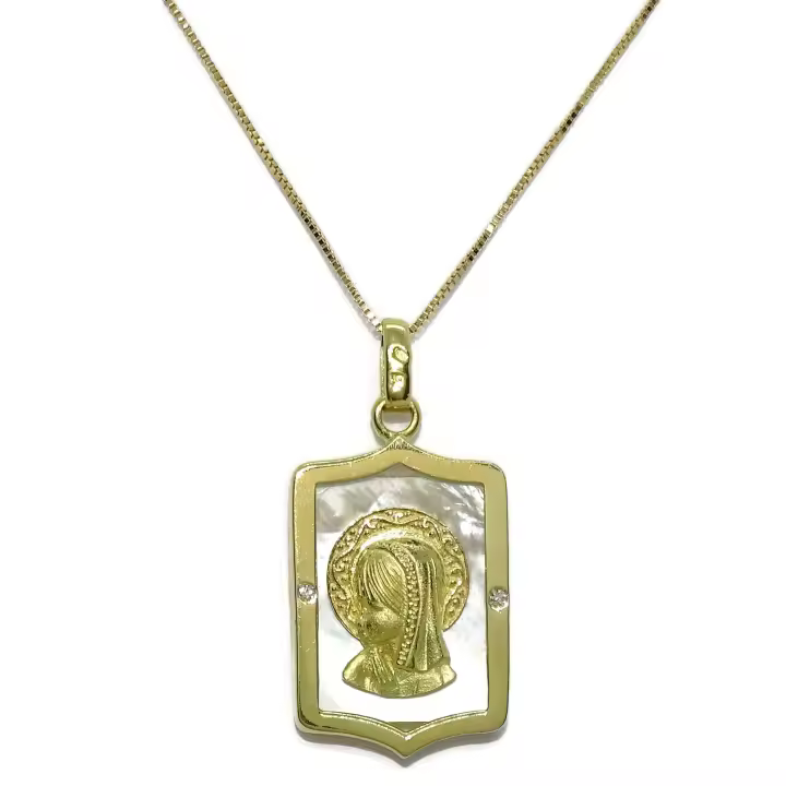 Never Say Never Medalla especial comunión de oro de 18k y nácar con la Virgen niña y diamantes. Cadena veneciana de 45.00 cm todo oro 18k - 1