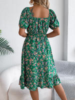 Vestido Elegante De Primavera Y Verano Para Mujer Con Estampado Floral Cuello Cuadrado Manga Corta Volante Al Borde Vestido A-Line De Rodilla Casual - details 13