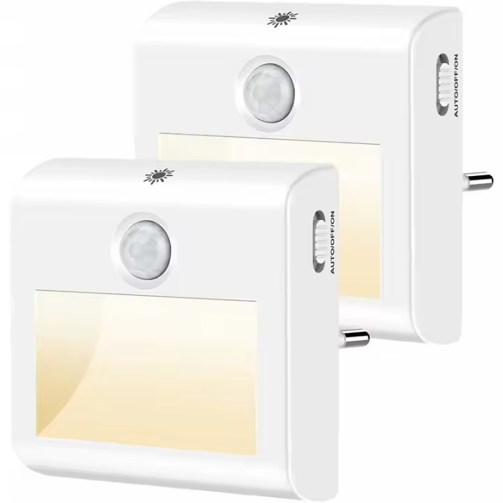 Luz Nocturna LED para Niños [Juego de 2], Luz Nocturna con Enchufe Regulable y Sensor de Luz y Movimiento, Lámpara de Noche para Dormitorio de Bebe, Salón, Escalera, Pasillo, etc. - Blanco Cálido - 1