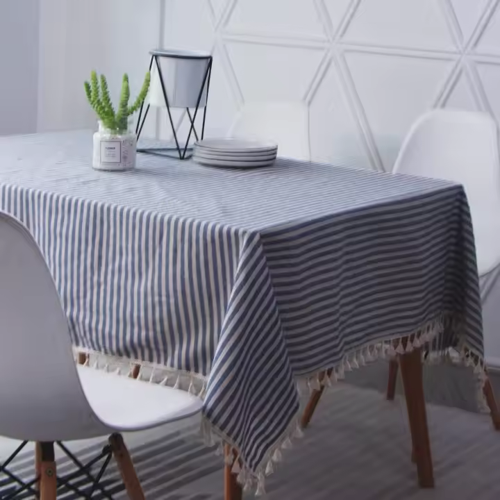 Mantel rectangular de Lino con Rayas y borlas, lavable, resistente a la humedad, antimanchas, fácil de cuidar, para interior, exterior, Jardín, Restaurante, Fiesta y celebraciones, color Azul, tamaño: 140x200 cm - 1