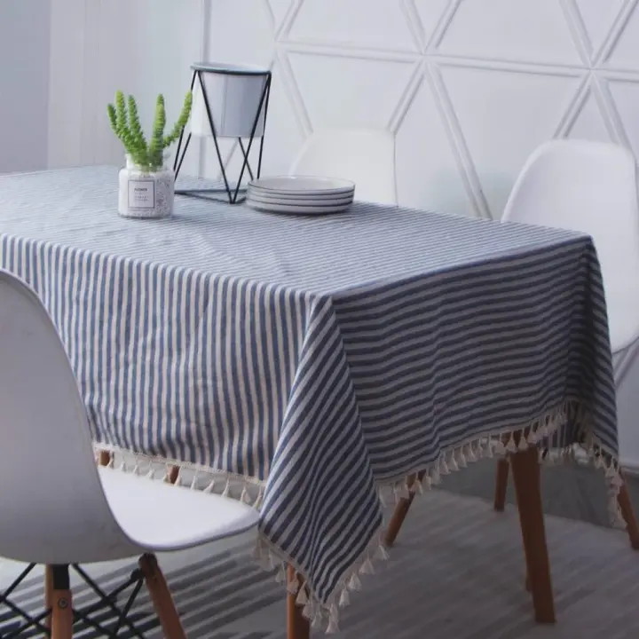 Mantel rectangular de Lino con Rayas y borlas, lavable, resistente a la humedad, antimanchas, fácil de cuidar, para interior, exterior, Jardín, Restaurante, Fiesta y celebraciones, color Azul, tamaño: 100x140 cm - 1