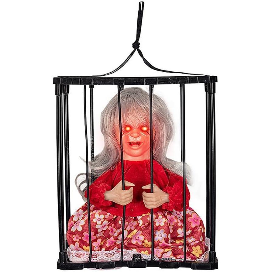 Scary Halloween Doll in Cage, Haunted House Prop with Screaming Voice, Nightmare Creature