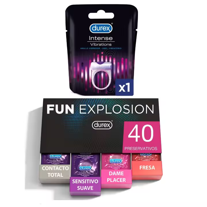 Durex - Lote Fun Explosion, Pack 40 Preservativos + Anillo Vibrador Intense Orgasmic Vibrations Estimulador Clítoris - 1
