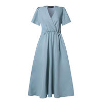 ZANZEA Vestido Midi A-Line Elegante Para Mujer Con Cinturón Y Estampado Sólido Manga Corta Estilo Casual V-Neck Para Vacaciones - details 5