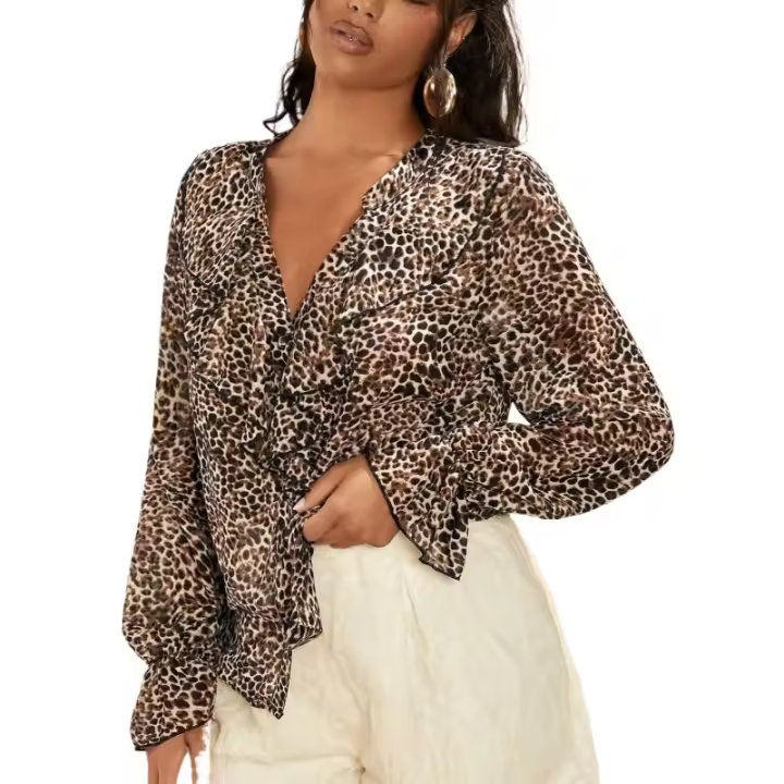 Camisa Leopardo Impresión V-Neck Botones Talla Grande Moda Casual Para Mujer Ropa Oficina Blusa Adecuada Para Edad Media - 1