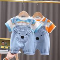 Conjunto De Ropa Para Bebé De Verano Con Overalls De Denim Y Camiseta Corta Casual Unisex Algodón Y Poliéster Estilo O-Neck - details 7